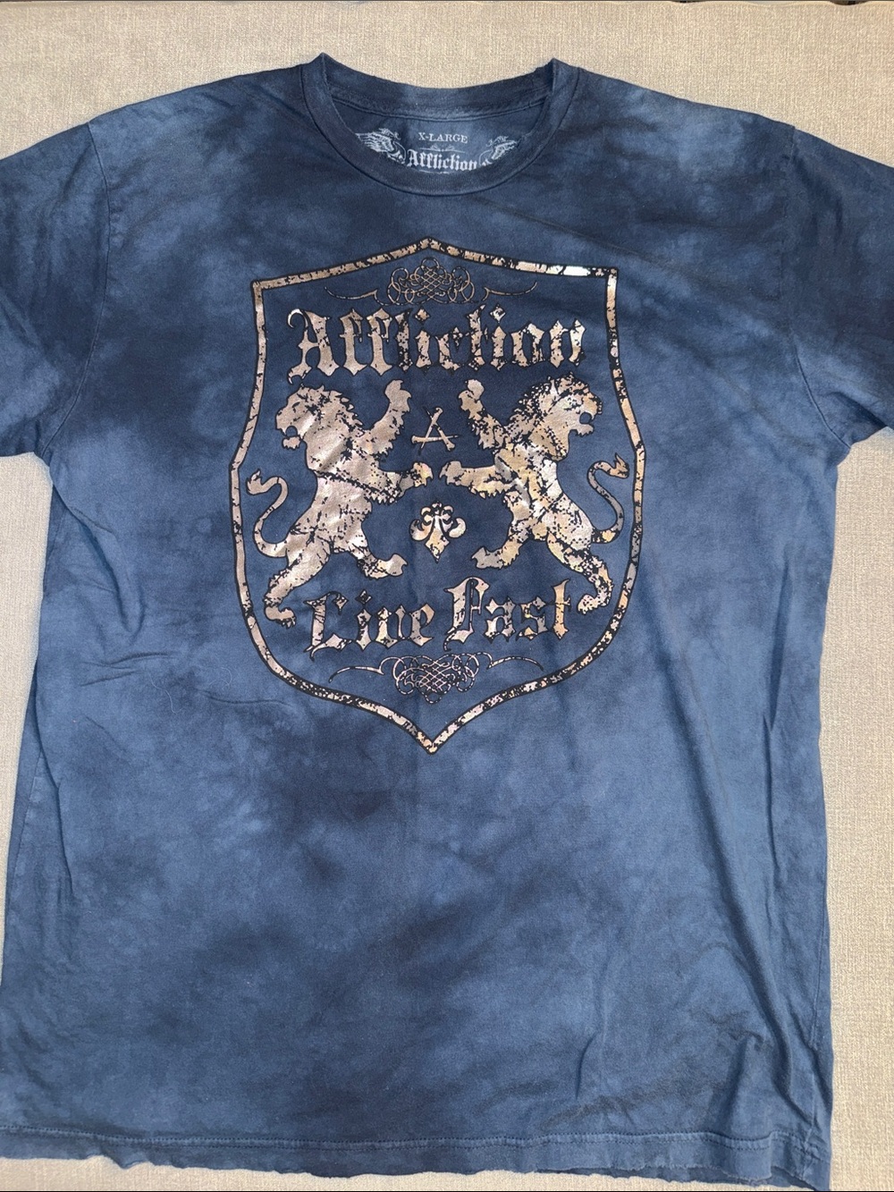 Affliction Navy Blue Short-Sleeve Tee with Crest Lion Graphic